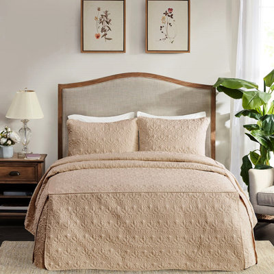 3 Piece Split Corner Pleated Bedspread Khaki King - Microfiber Solid, 100% Fill, Protection Size In , Face And Back, Filling, Box Sewing, Proof