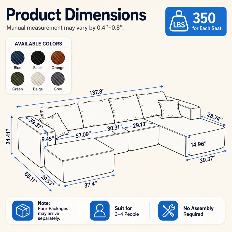 Canapé d'angle en U compressé de 350 cm (137,8 po) pour salon, canapé modulable en tissu flanelle, support à ressorts ensachés et base antidérapante, aucun assemblage requis, vert