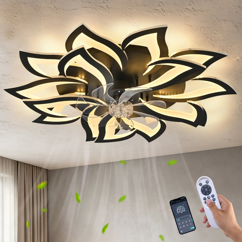 Ventilateur de plafond géométrique noir 35 po avec lumière, ventilateur de plafond encastré moderne à DEL avec télécommande, 15 lumières, éclairage à intensité variable 3 couleurs et 6 vitesses pour la chambre à coucher, la cuisine et le salon