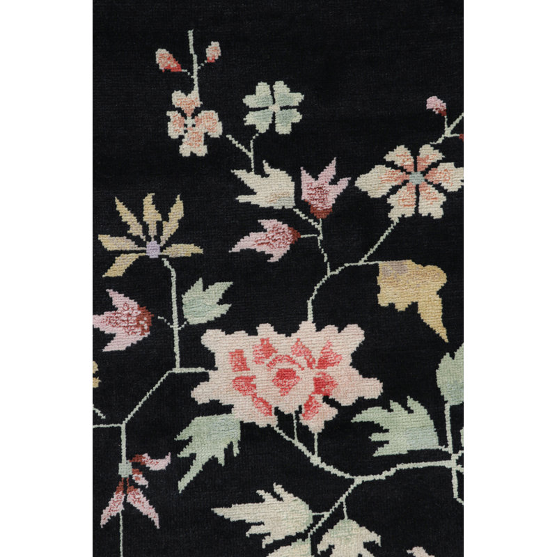 Rug & Kilim’S Chinese Art Deco Style Runner In Black With Colorful Florals