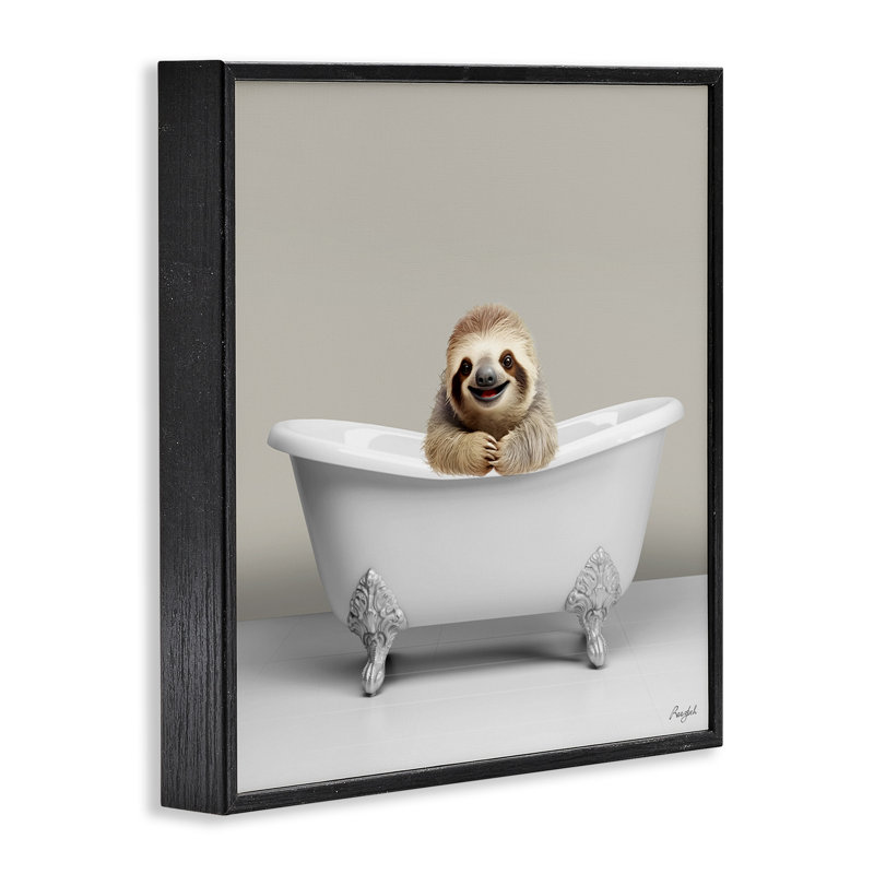 «Happy Sloth In Bathaign» encadré sur bois par Roozbeh, H 12 po x l 12 po x P 1,5 po, Giclée encadrée noir minuit