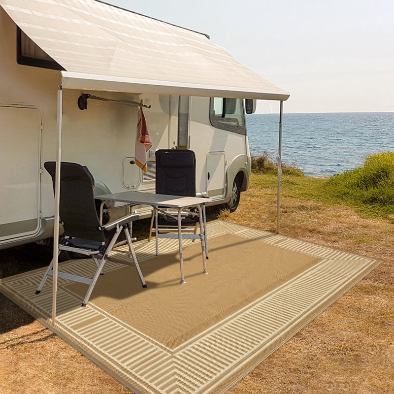 9x12 FT Light Brown/Coffee Modern Striped Bordered Reversible Outdoor Rug, Waterproof Foldable Lightweight Plastic Straw Carpet for Patio Porch Deck Camper Balcony Picnic