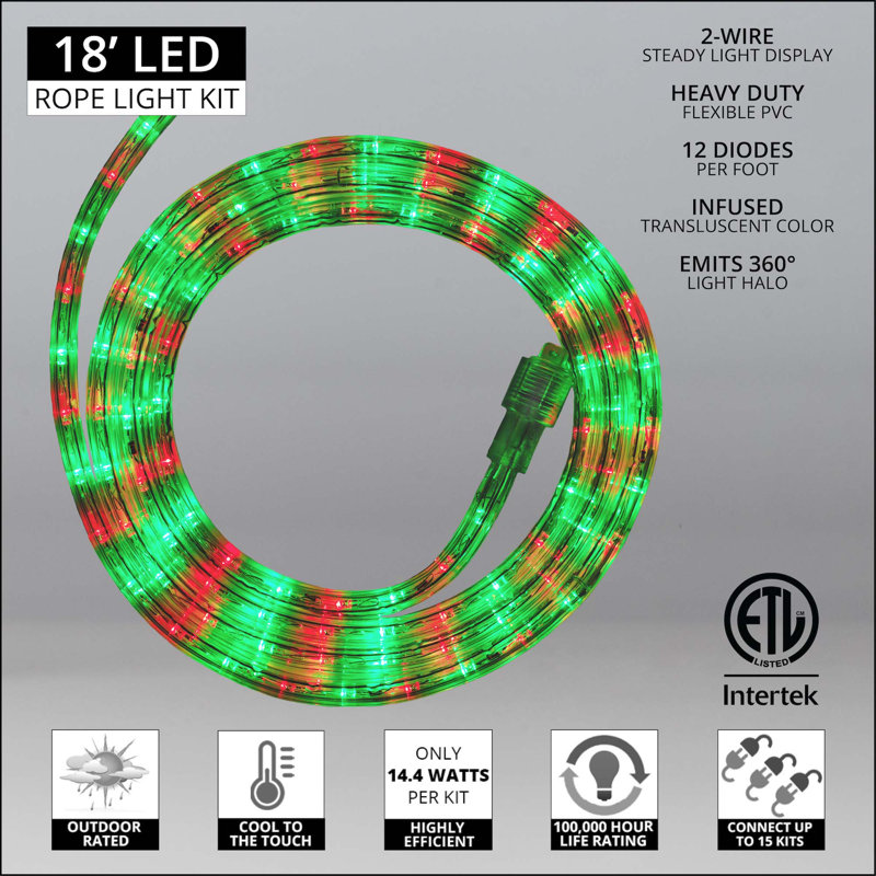 18FT 216 Light End-to-End Connectable LED Rope Lights, Red/Green
