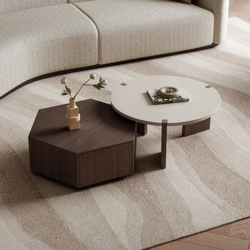 Hexagonal Storage Side Table with Hidden Drawer Paired with Round Matte Coffee Table Modern Style