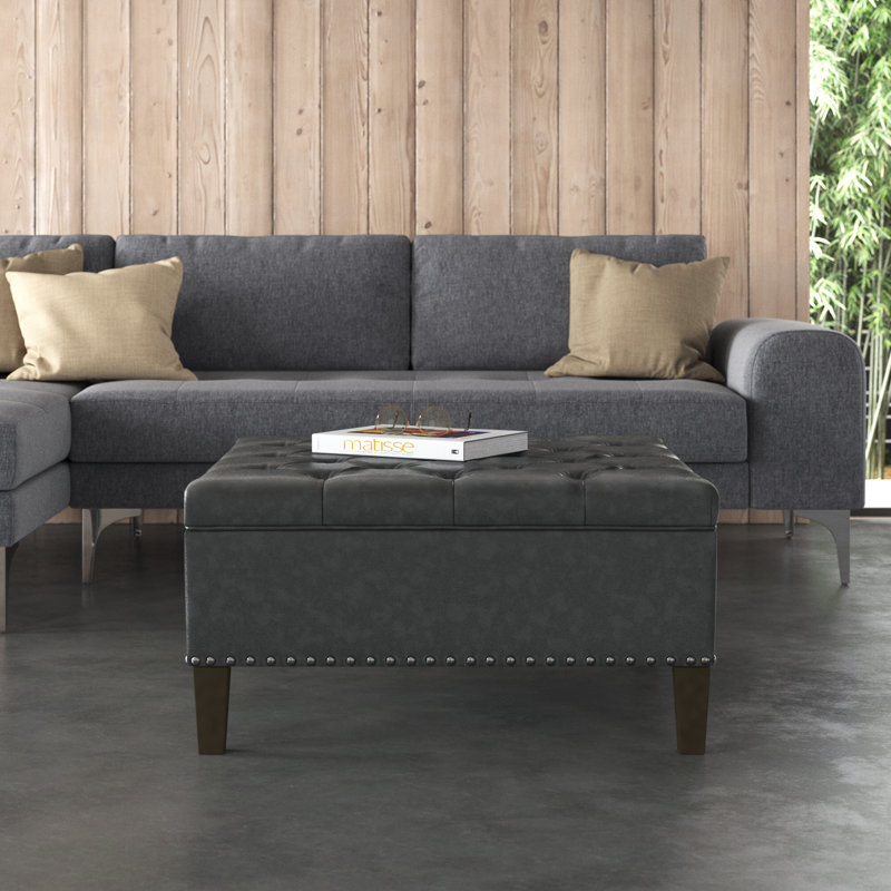 Lindsey 35.5" Wide Tufted Square Cocktail Ottoman, Brown, Faux Leather, Expresso