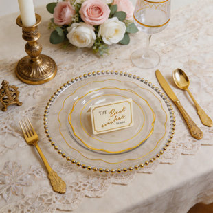Clear Gold Rim Dinnerware Set for 50 Guests, Wedding & Party Use