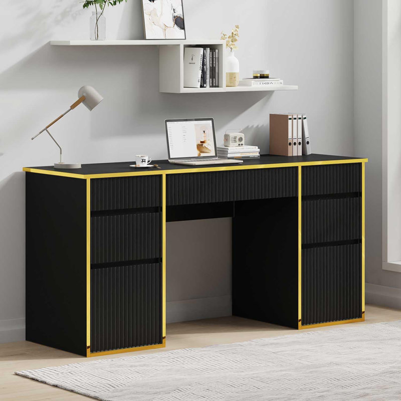 Bureau d'ordinateur avec 7 tiroirs, bureau cannelé 58 pouces avec 2 tiroirs classeurs, Noir