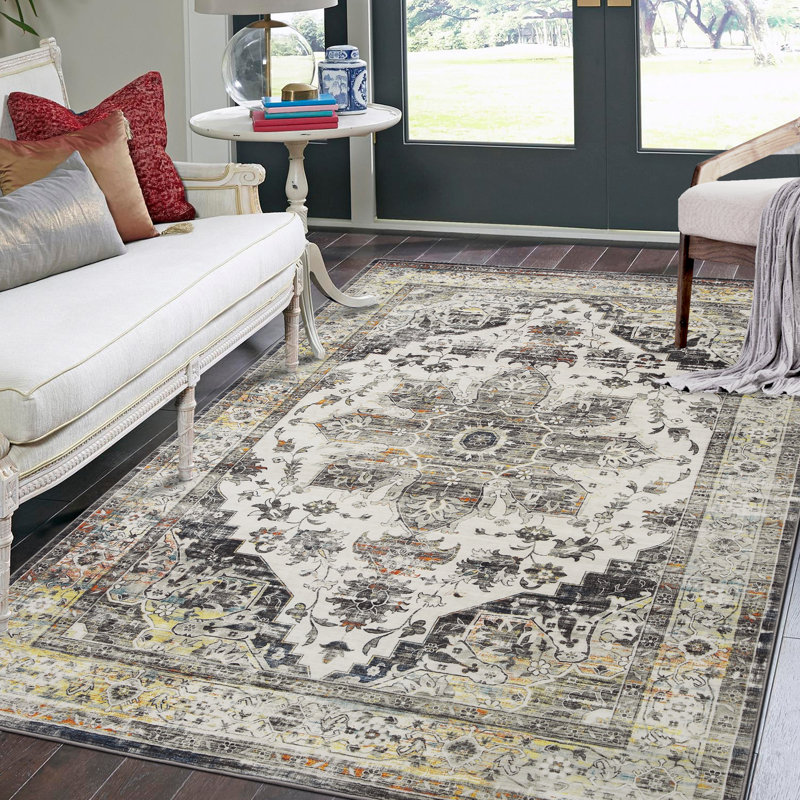 Tapis lavable antidérapant pour tapis de salon Boho, Gris, Rectangle 6 pi x 9 pi