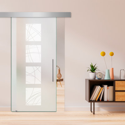 Frameless Glass Sliding Barn Door with Exclusive Design + Hardware Kit (Full-Private)