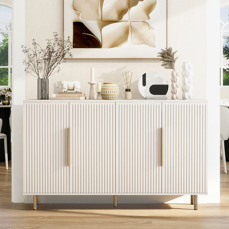 Fluted Buffet Accent Cabinet With Adjustable Shelves, White