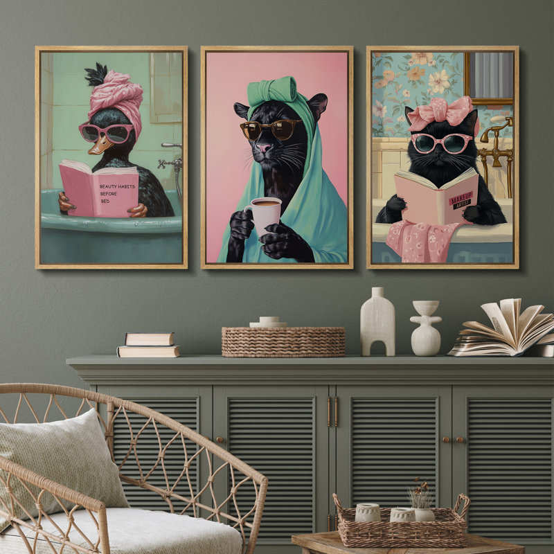 Drôle de spa animal, impression sur toile, ensemble de 3 - Décoration de salle de bain chat noir excentrique pour salle d'eau ou coiffeuse