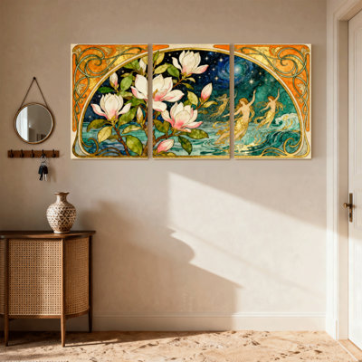 Fantasy & Sci-Fi Art Nouveau Floral And Mythical Figures Set of 3 Canvas Wall Art Prints