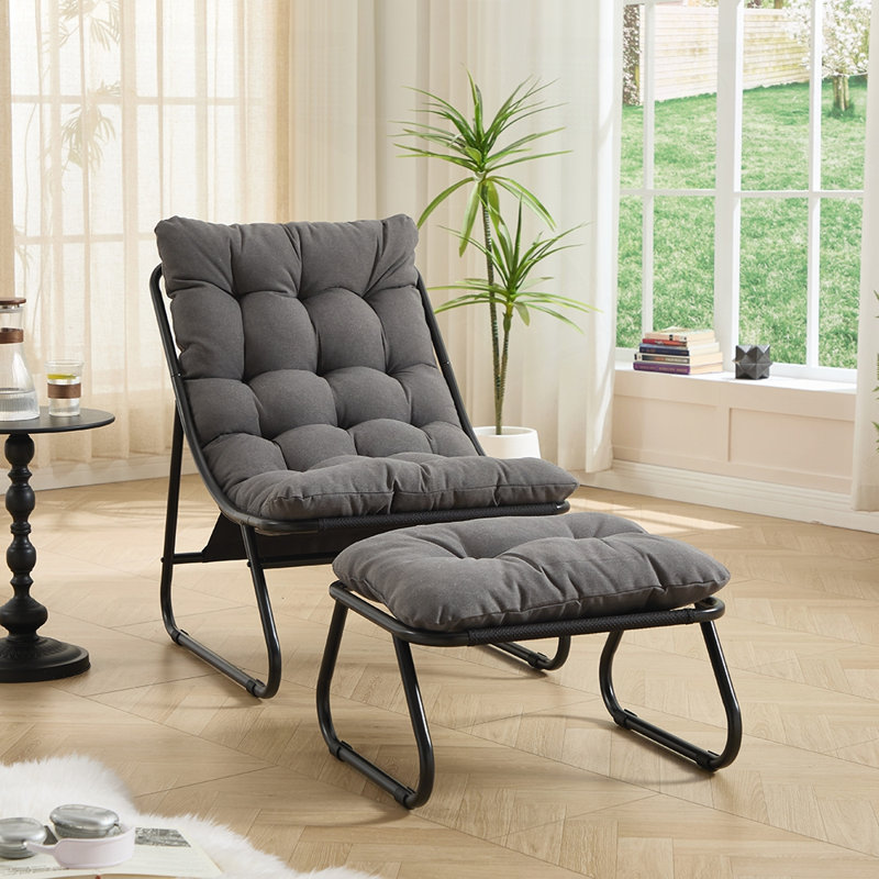 Outdoor Patio Lounge Chair With Ottoman And Cushion, Gray, Black