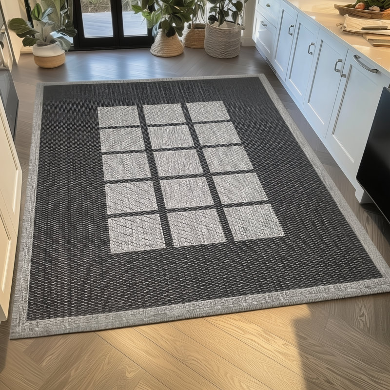 Gere Rug Non Slip Flat Weave Border Check Geometric Kitchen Living Room Carpet, Black, Rectangle 160 x 225 cm