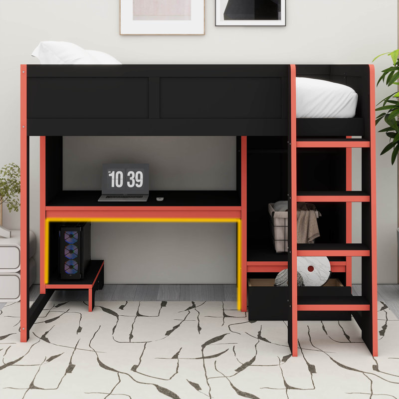 Gaming Loft Bed With Desk & Wardrobe, Wood Twin Loft Bed With Storage Drawer & LED Light, Twin