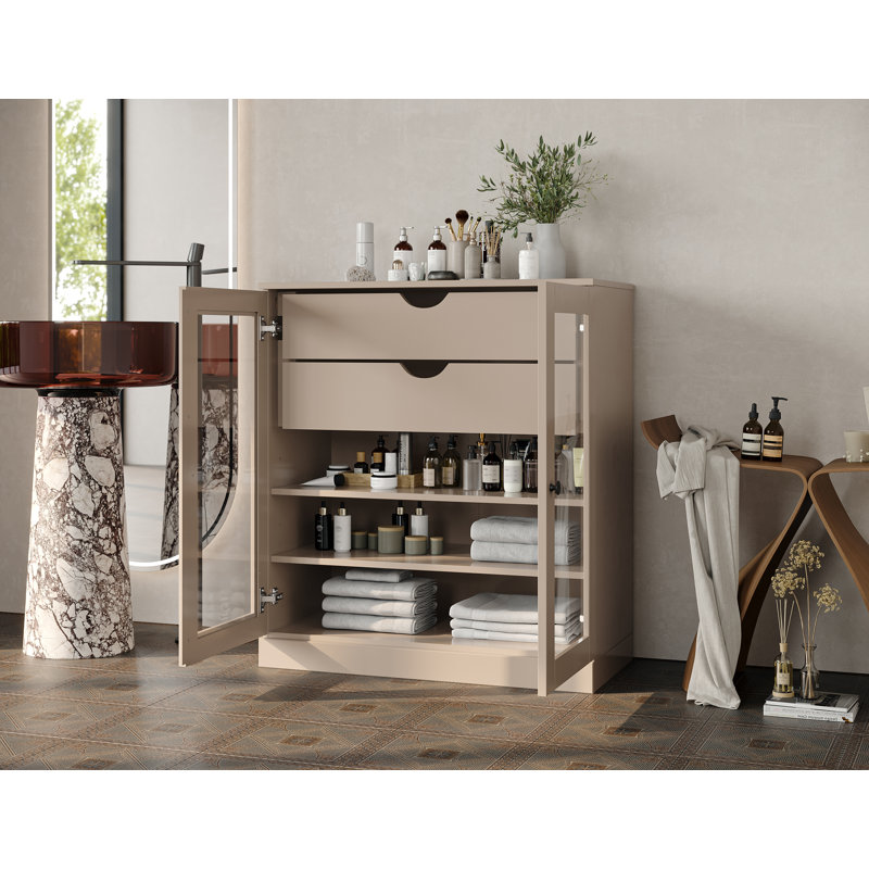 Palace Imports 100% Solid Wood Bathroom Storage Cabinet, Clear Glass Doors, 2 Drawers, Adjustable Shelves, 32" Wide, 35.75" Tall