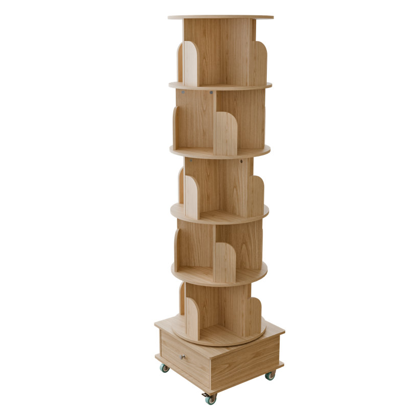 Tour de bibliothèque pivotante à 5 niveaux avec roulettes et tiroir, bibliothèque en bois pivotante à 360°