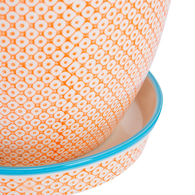 Nicola Spring - Hand-Printed Plant Pot with Saucer - 20.5cm - Orange, 3