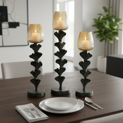 Adel Modern Glass Pillar Candle Holder for Tabletop Decor - Decorative Flower Inspired Candlestick Holder for Home Decor - Set of 3, 23", 20", 14, Gray