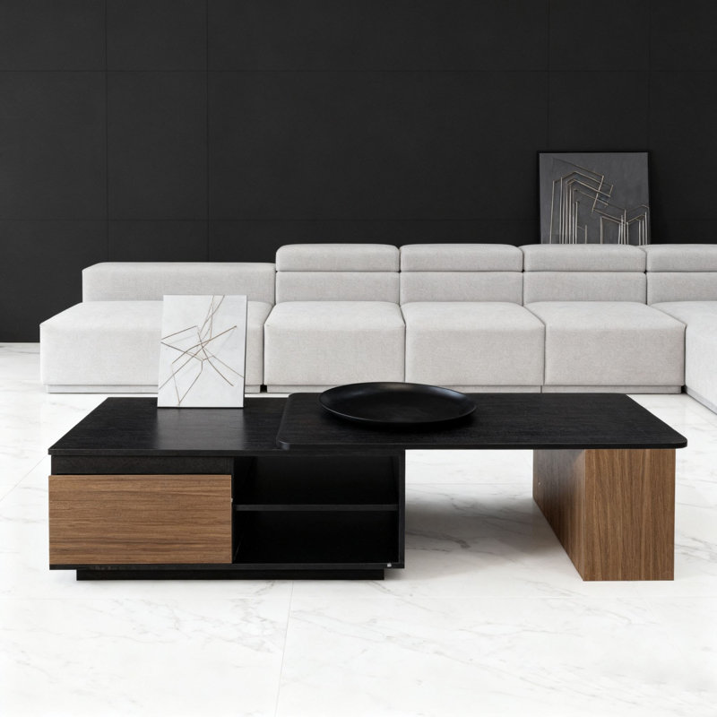 Table basse moderne noire et brune avec compartiments de rangement