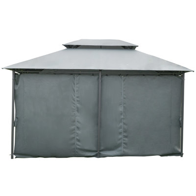 Spacieuse pergola en acier gris sauge pour les rassemblements en plein air avec des rideaux à baldaquin résistants aux rayons UV, idéale pour la détente dans la cour