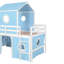 Lit simple mezzanine bleu avec glissade, tente rose et tour