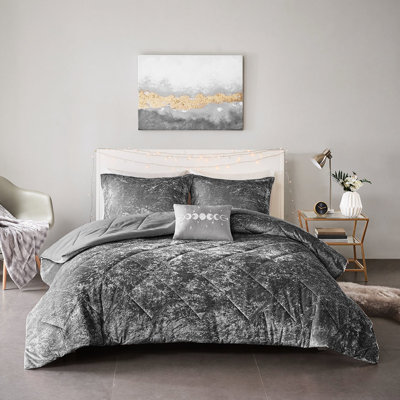 Lit simple / simple TG en velours gris - Édredon de luxe avec coussin décoratif et taie décorative