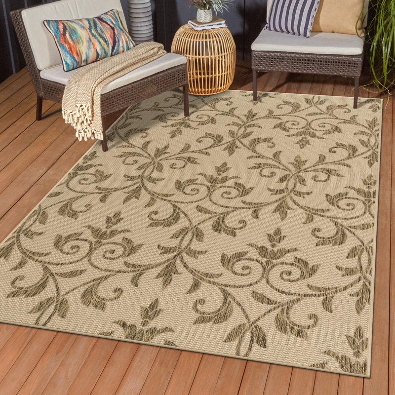 Tapis intérieur / extérieur à motif floral beige / brun Sarahi, Rectangle 7 pi x 10 pi
