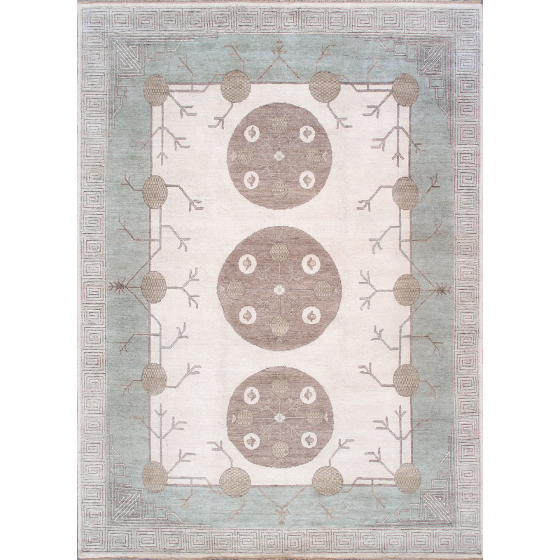 Khotan Hand Knotted Wool Oriental Area Rug in Ivory/Green