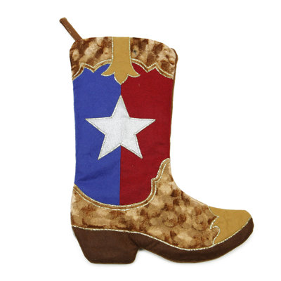 Chaussette de Noël 18,5 po à motif de cowboy brun et rouge avec drapeau du Texas