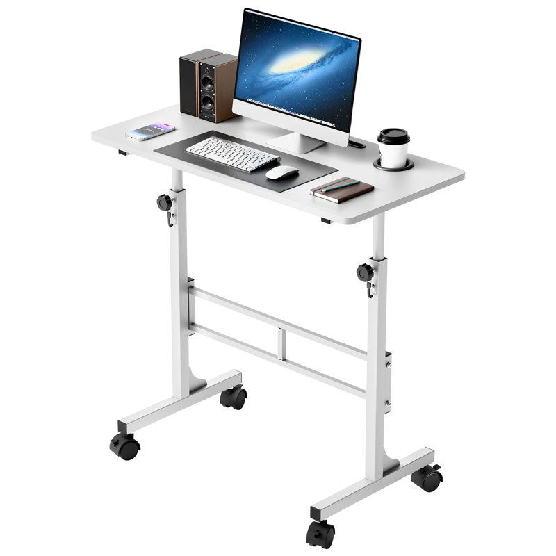 Small Standing Desk Adjustable Height, Mobile Stand Up Desk With Wheels, White/White