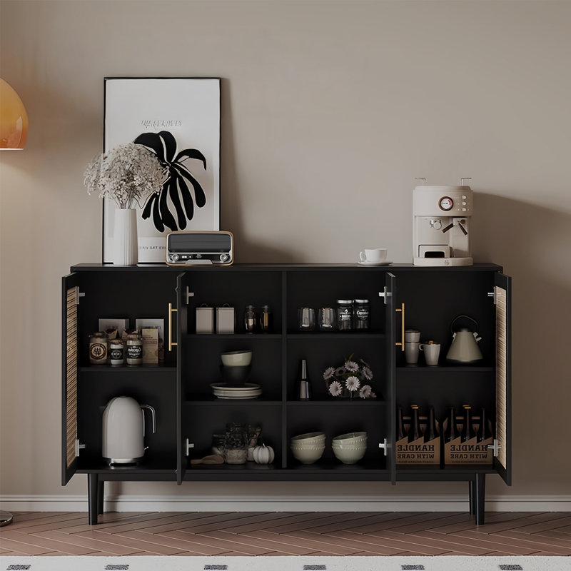 Buffet de rangement de style rétro, H 35,43 po x l 59,05 po x P 11,81 po, Noir