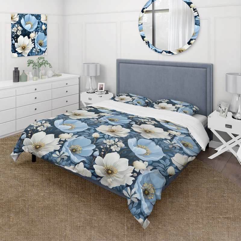 Ensemble de housse de couette floral blanc et bleu Meadow Serenity - microfibre de polyester
