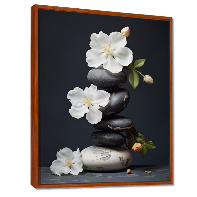 Décoration murale zen sérénité fleurs blanches pierre noire Cairn I - Pierre spirituelle, H 32 po x l 24 po x P 1 po
