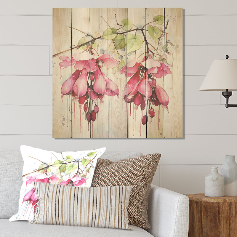 Fleur rose fuchsia Ladys - Fuschia sur bois, H 15 po x l 15 po