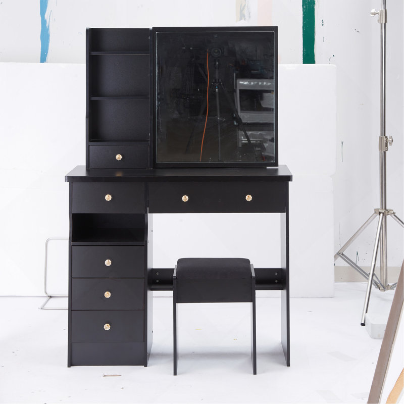Table de meuble-lavabo de 37 po avec tabouret rembourré, rangement de grande capacité et commode pratique 37 po, Noir