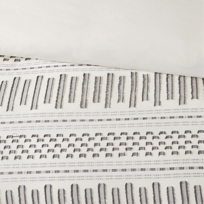 Full/Queen Cotton Jacquard Duvet Cover Mini Set, Ivory/Charcoal Striped, Queen   Duvet Cover  + 2 Standard Shams
