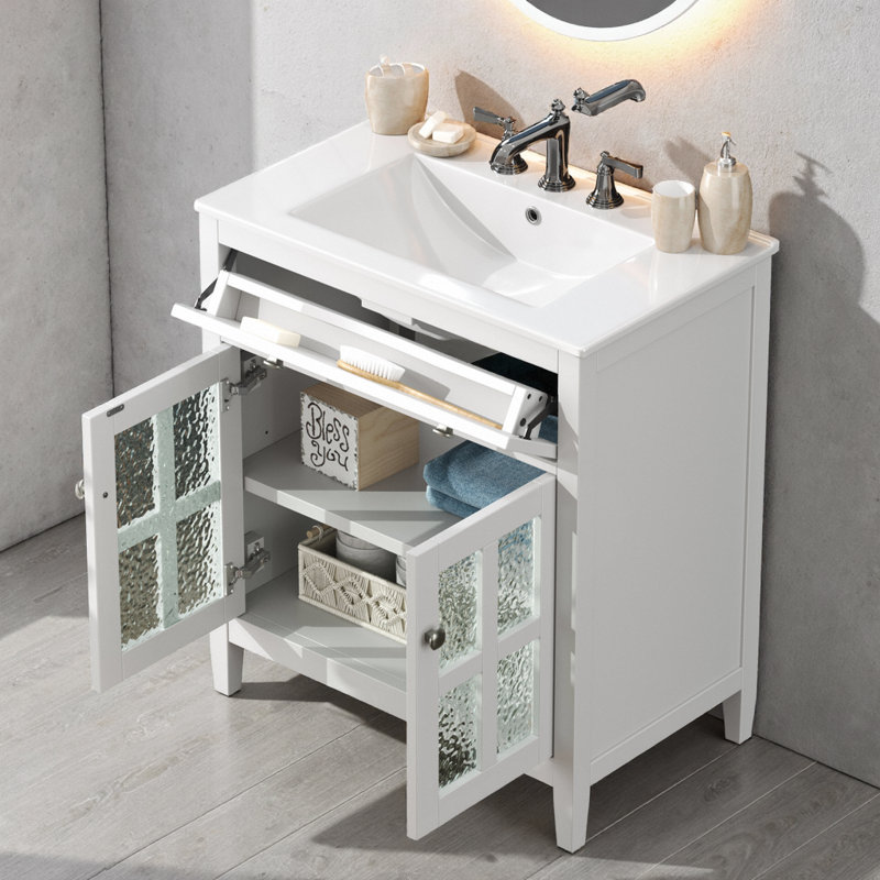 Meuble-lavabo à pieds courbés 30 po avec plateau basculant - porte en verre texturé à fermeture en douceur, évier en céramique 5,25 po, boutons argentés. Rangement prêt pour le spa pour petite salle de bain