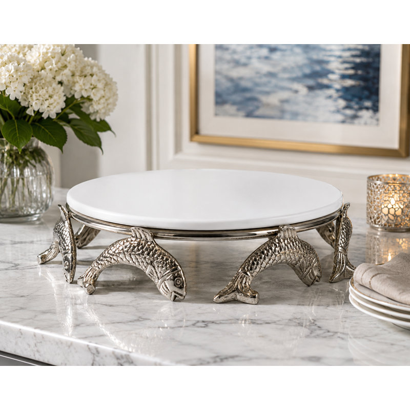 Assiette à gâteau ronde en céramique blanche avec support à poisson sculpté, 13 po