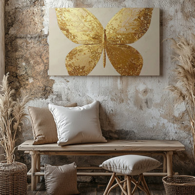 Canvas Wall Art A Striking Golden Butterfly With Glitter Like Texture Against A Plain Beige Background Premium Quality Ready To Hang