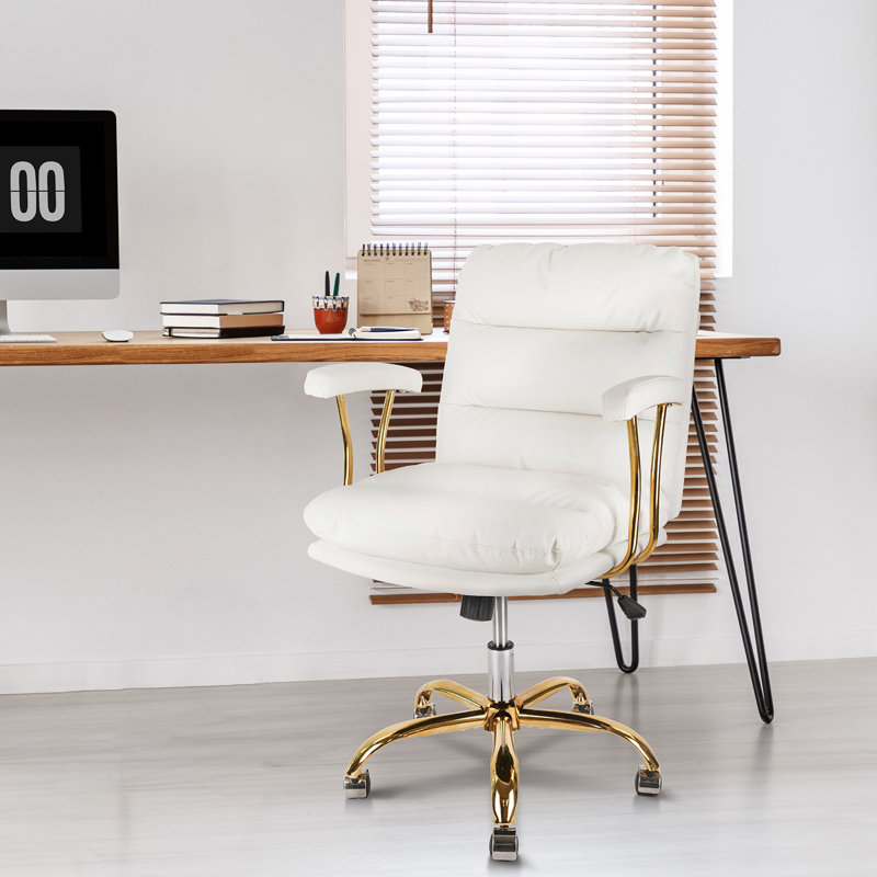 Vassiliy Ergonomic Office Desk Chair with Wheels and Arms Bedroom Office Capacity up to 300lb, White, Gold