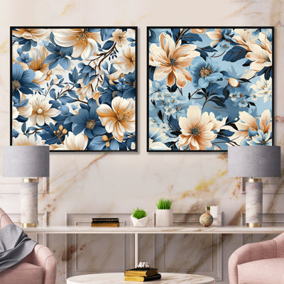 Blue Retro Finesse Floral Pattern III - Floral Square Collage Set Of 2