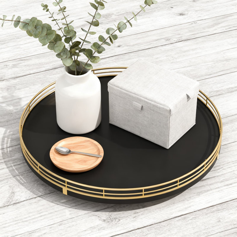 Rotating Wood Tray With Metal Frame, Multi-Purpose Organizer For Bathroom Vanity, Dresser, Kitchen Countertop, And Coffee Table Decor