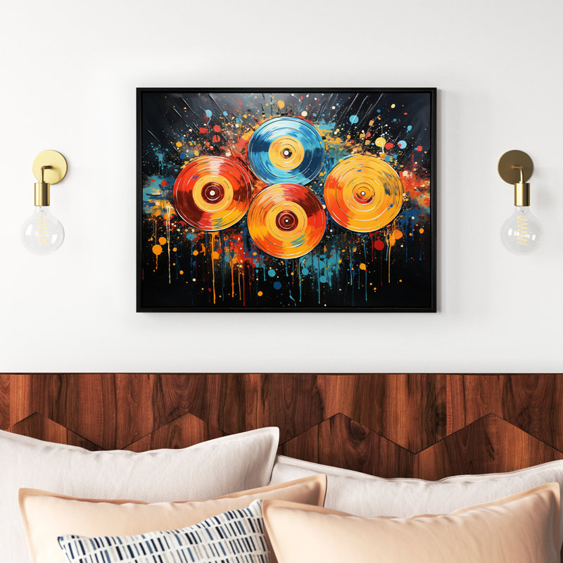 Disque vinyle, rainure rétro I sur toile, Cadre flottant noir, H 24 po x l 32 po x P 1 po