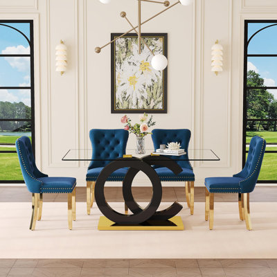 Table de salle à manger moderne en verre trempé avec chaises, sièges rembourrés en velours