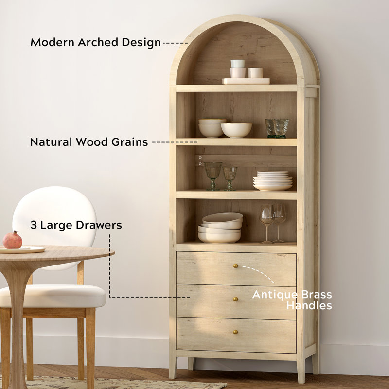 Bookcase Storage Display Cabinet With 3 Drawers And Shelves, Light Oak