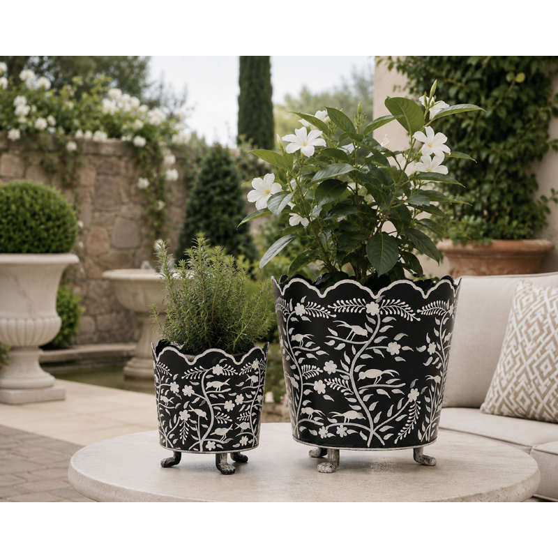 Dark Navy & White Scalloped Footed Planter, Large, 10" H x 9" W x 9" D
