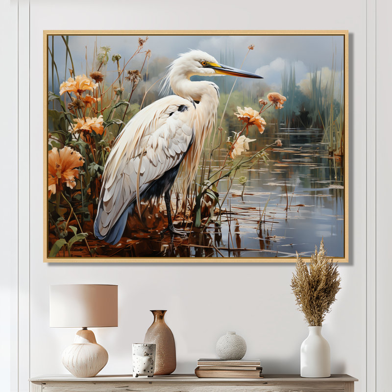 Héron pêche blanc, héron, art mural, H 16 po x l 32 po x P 1 po, Cadre flottant érable