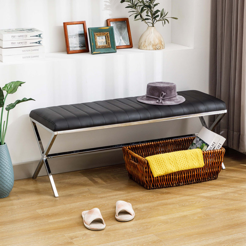 Upholstered Bench, Black/Silver