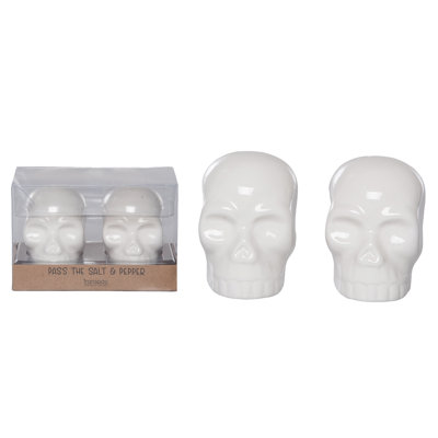 Dolomite Skull Salt and Pepper Set of 2, Salt and Pepper Shaker, White, Ceramic, Table, Kitchen, Halloween, Tabletop